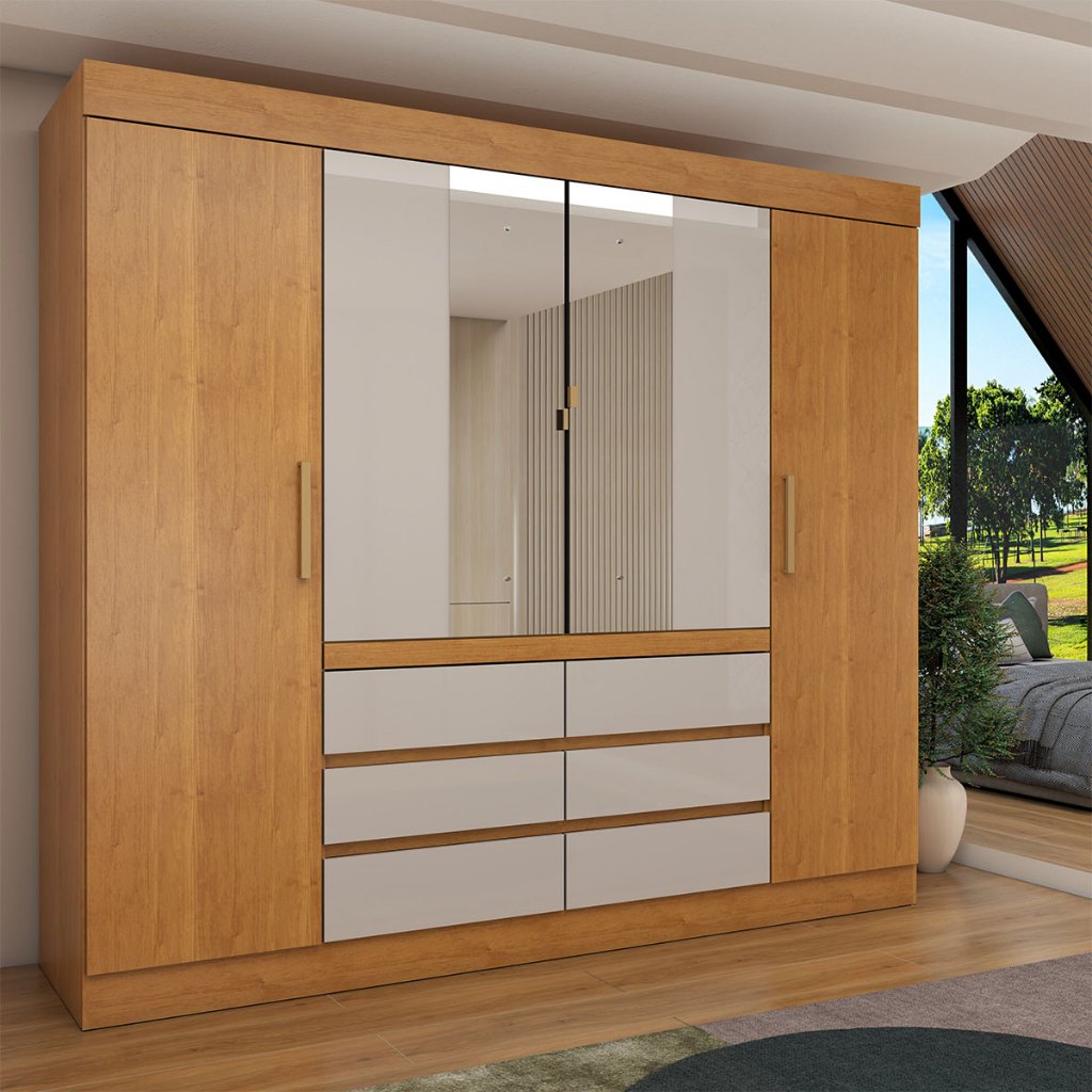 Guarda-Roupa Casal Luxúria 4 Portas 6 Gavetas com Espelho - Panorama Móveis em Oferta na Shopee
