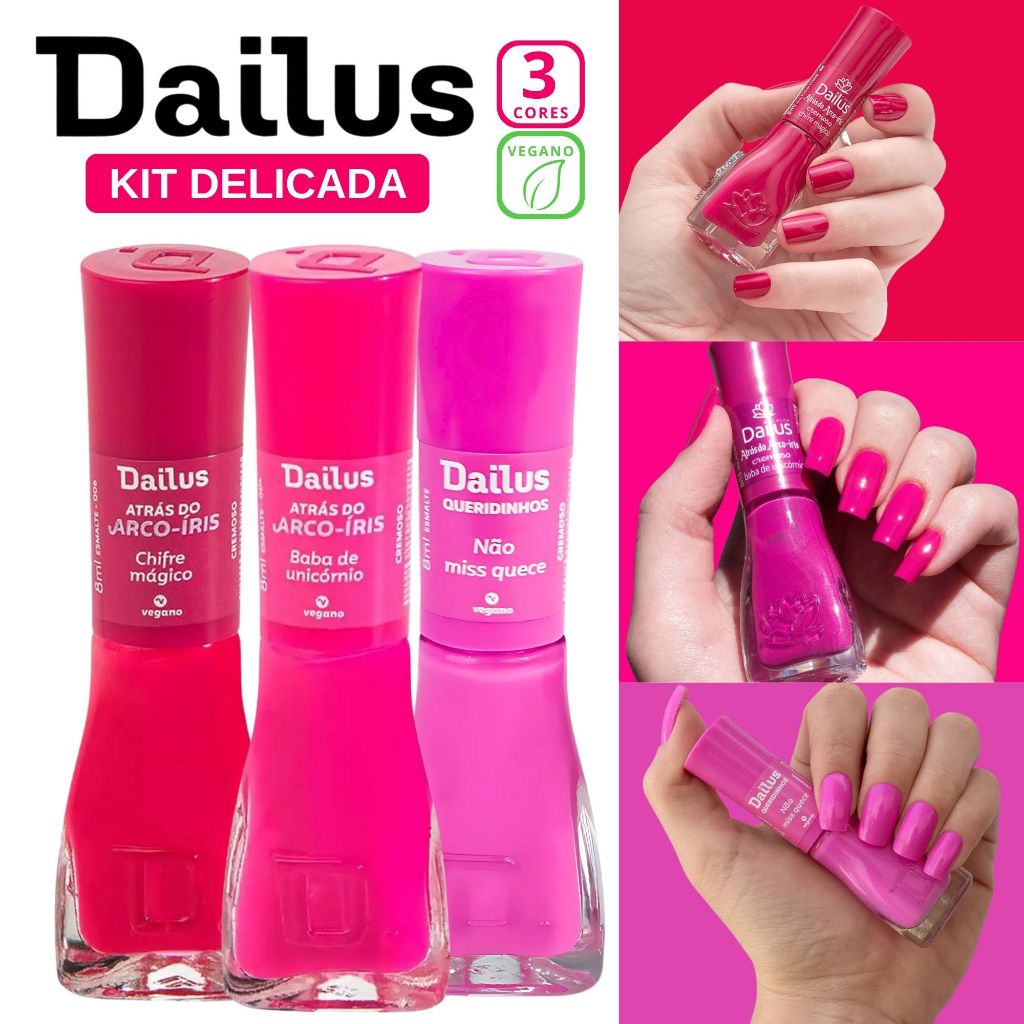 Kit 3 Esmaltes Dailus Tons de Rosa Pink Esmalte Atacado Queridinhos Arco-íris em Oferta na Shopee