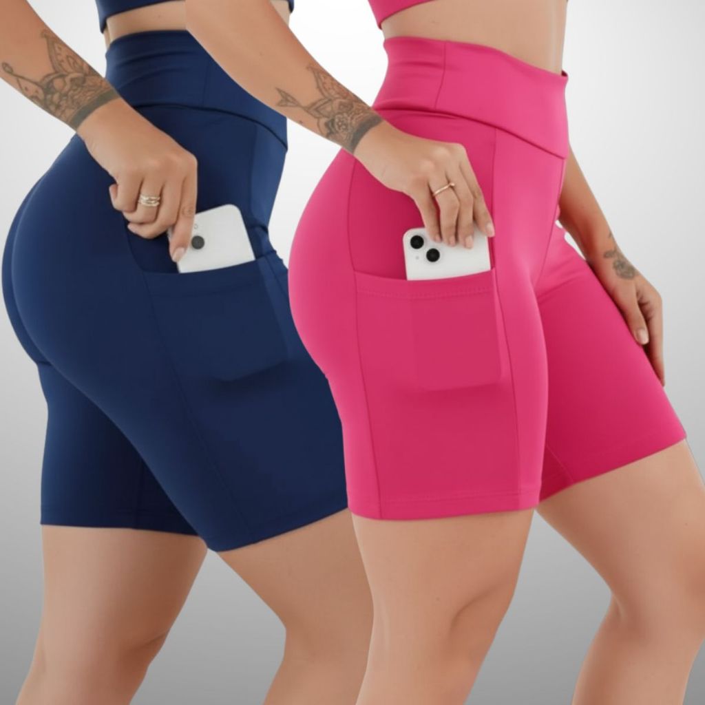 Kit 2 Shorts Fitness Feminino Com Bolso Lateral Porta Celular Suplex Slim Caminhada Academia 3038.KB