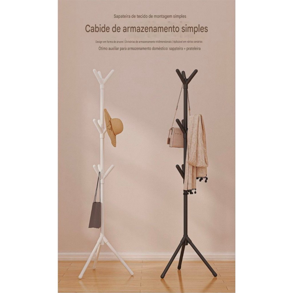 Cabideiro de Chão Mancebo com 9 Ganchos Ideal p/ Roupas, Chapéus, Casacos e Organização do Quarto