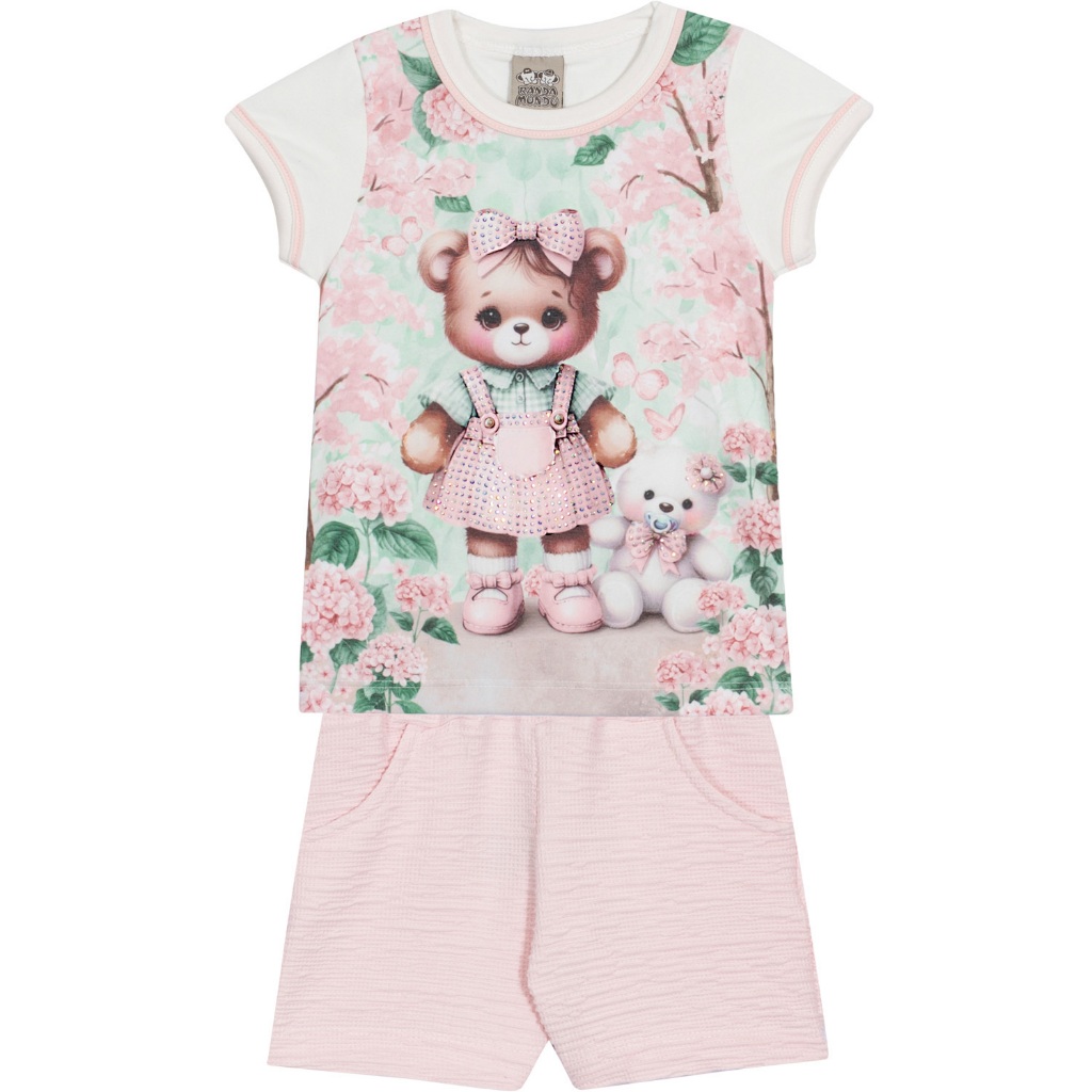 Conjunto Feminino Randa Mundu com Camiseta em Cotton e Shorts em Cotton Ursa Laço