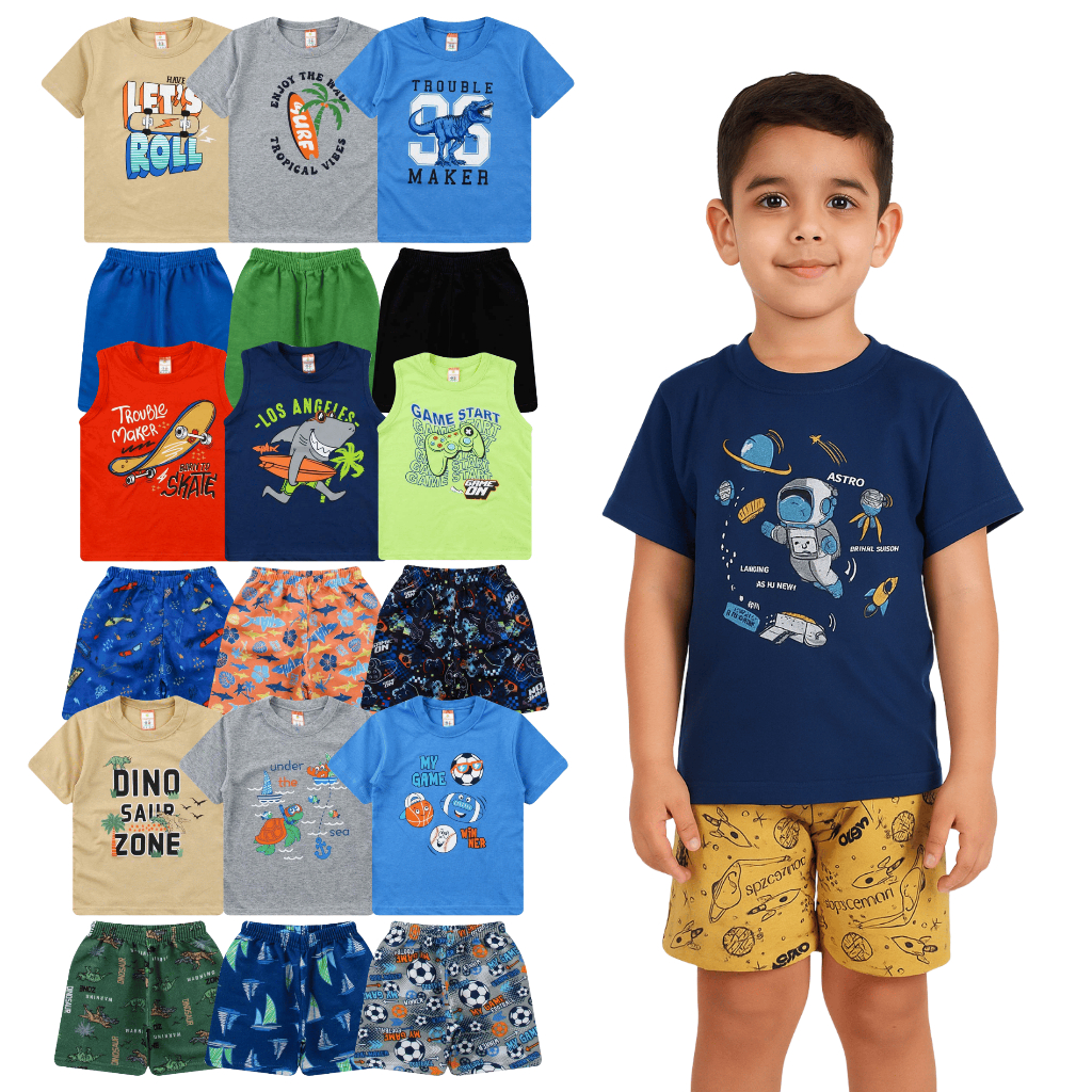 Kit 6 Peças de Verão Infantil Menino – 3 Camisetas + 3 Bermudas – Cores e Estampas Sortidas