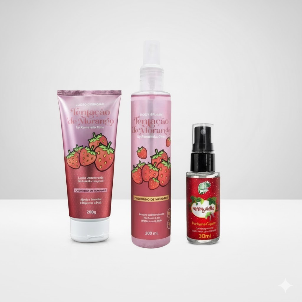 Kamaleão Kit Body Splash + Creme Corporal + Perfume Capilar Tentação Morango