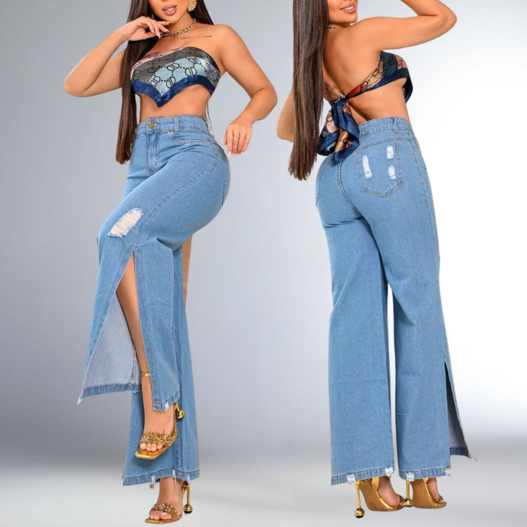 Calça Feminina Jeans Wide Leg Abertura na Barra 100% Algodão Cintura Alta Premium Pantalona Perna Larga Cós Alto em Oferta na Shopee