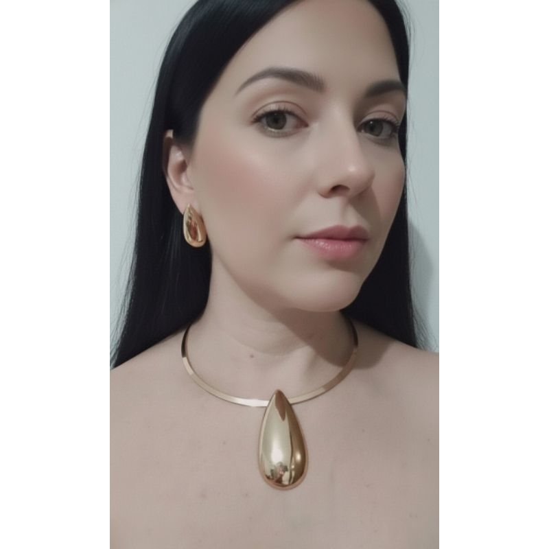 Conjunto Choker e Brinco Ponto de Luz, Gota Trevo Prateado/Dourado