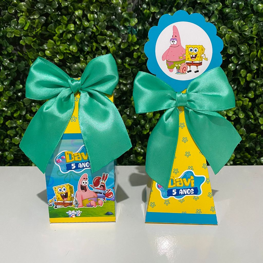 kit Caixinha Pirâmide e Milk Bob Esponja Personalizada Lembrancinha Festa Aniversário Infantil