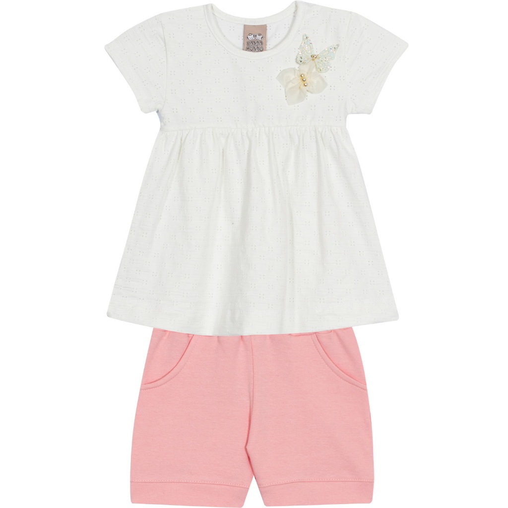 Conjunto Feminino Randa Mundu com Bata em Cotton Laise e Shorts Molecotton Borboleta Laço