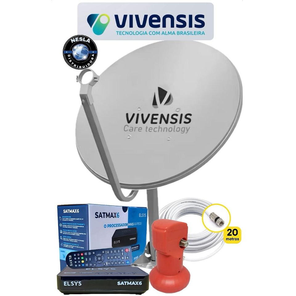 KIT ANTENA PARABÓLICA DIGITAL VIVENSIS 60CM - CABO 20 METROS , LNBF E RECEPTOR ELSYS SATMAX 6