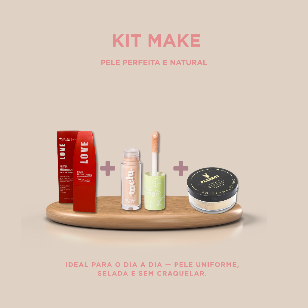 Kit Make Básica – Primer + Corretivo + Pó Translúcido | Ruby Rose + Maxlove + Playboy | Maquiagem Leve e Duradoura