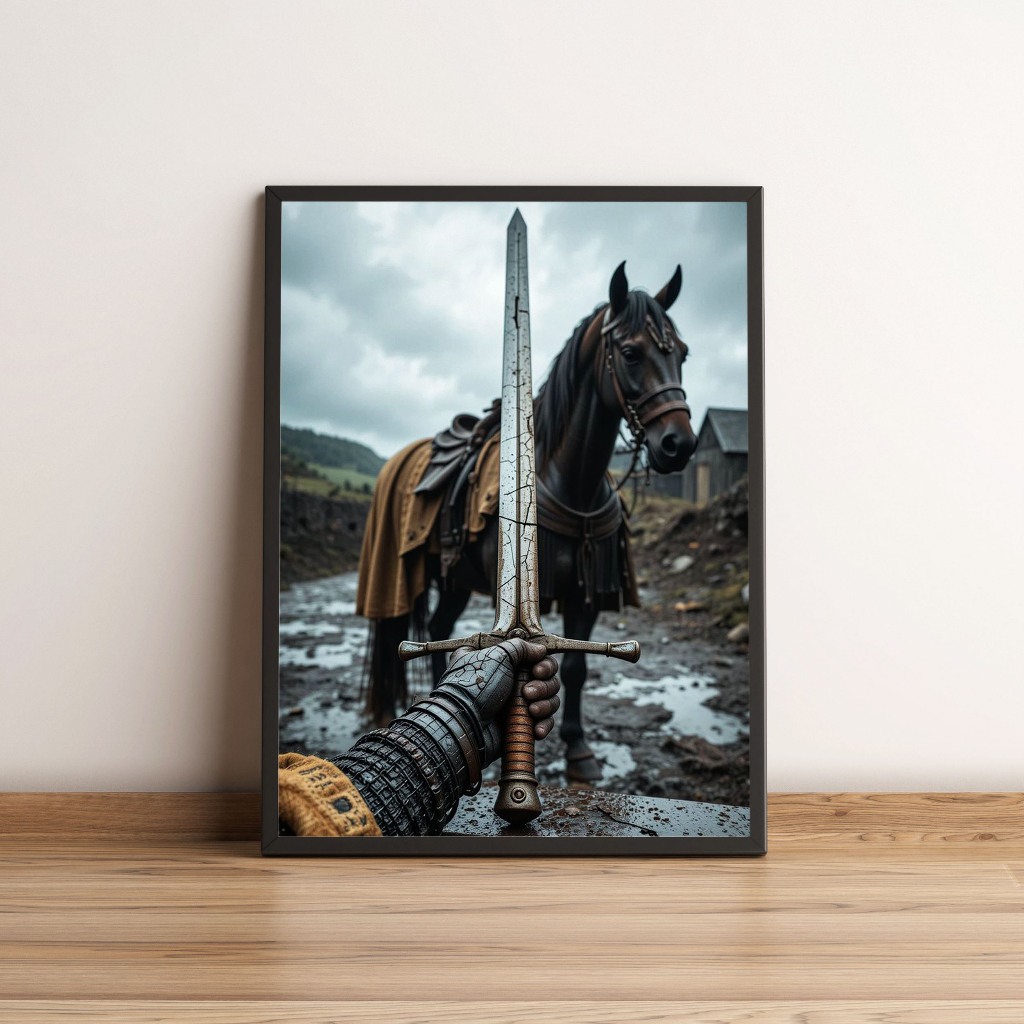 Quadro com Espada Medieval e Cavalo de Batalha 3506