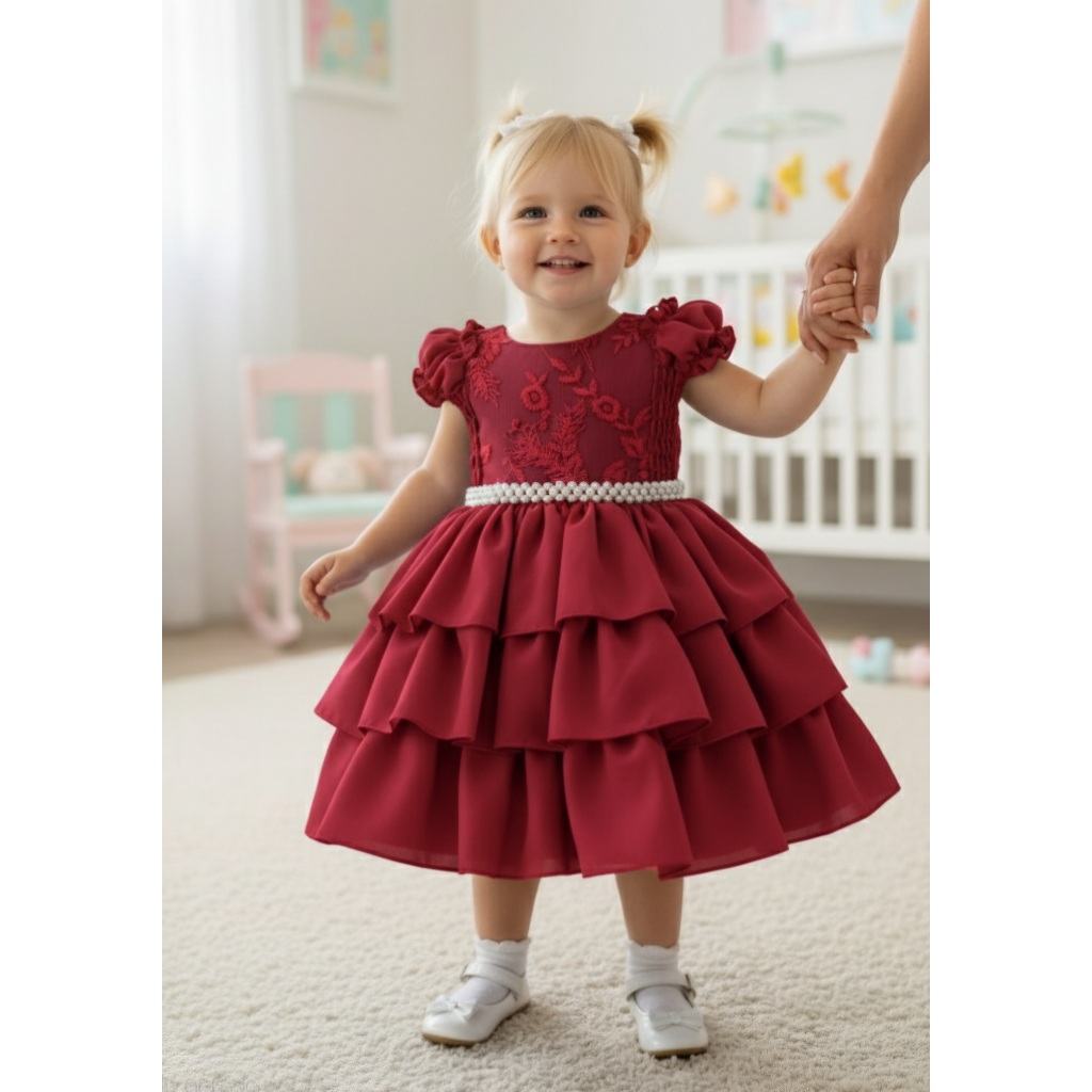 Vestido Bebê Vermelho com Estampa Floral e Pérolas – Perfeito para Aniversário ou Batizado em Oferta na Shopee