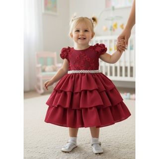 Vestido Bebê Vermelho com Estampa Floral e Pérolas – Perfeito para Aniversário ou Batizado em Oferta na Shopee