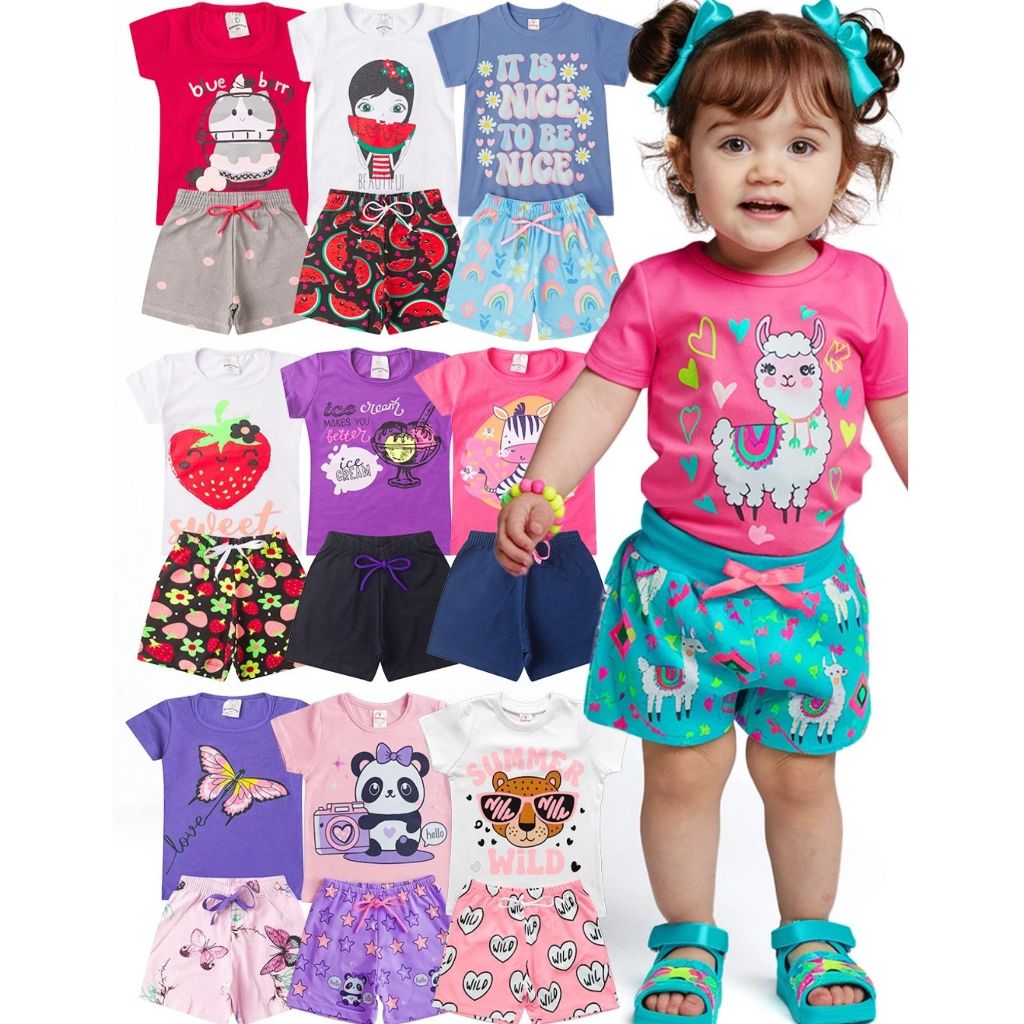 Kit Sortido 6 Peças de Roupas Infantil Menina 3 Camisetas + 3 Bermudas - Kit 3 Conjuntos Infantil Menina Verão Bebê