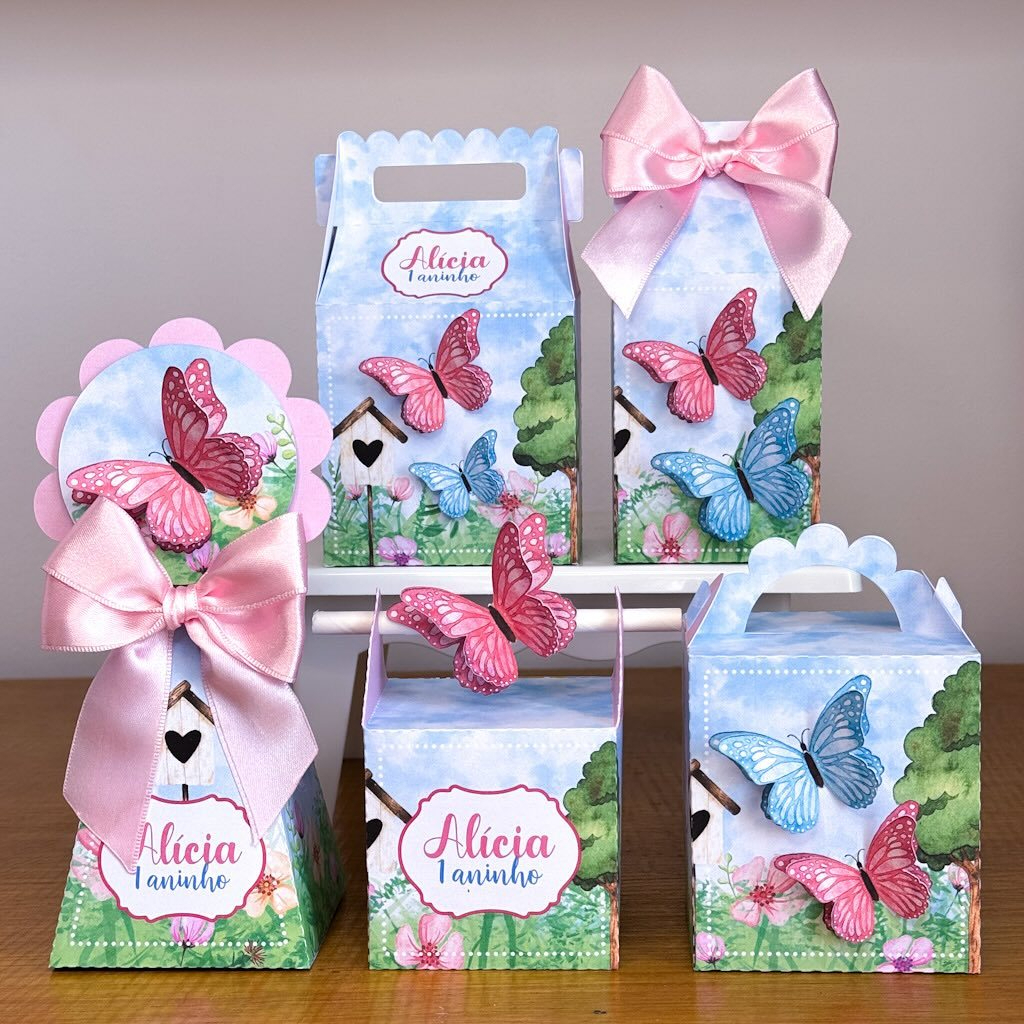 KIT FESTA  Personalizado Jardim das Borboletas pegue e Monte Lembrancinhas - Aniversário - Caixinha Personalizadas