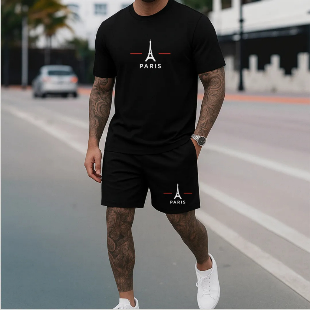 Kit Camiseta e Short Tactel Masculino Confortavel Moderno Casual Paris Tendencia Estiloso Macio