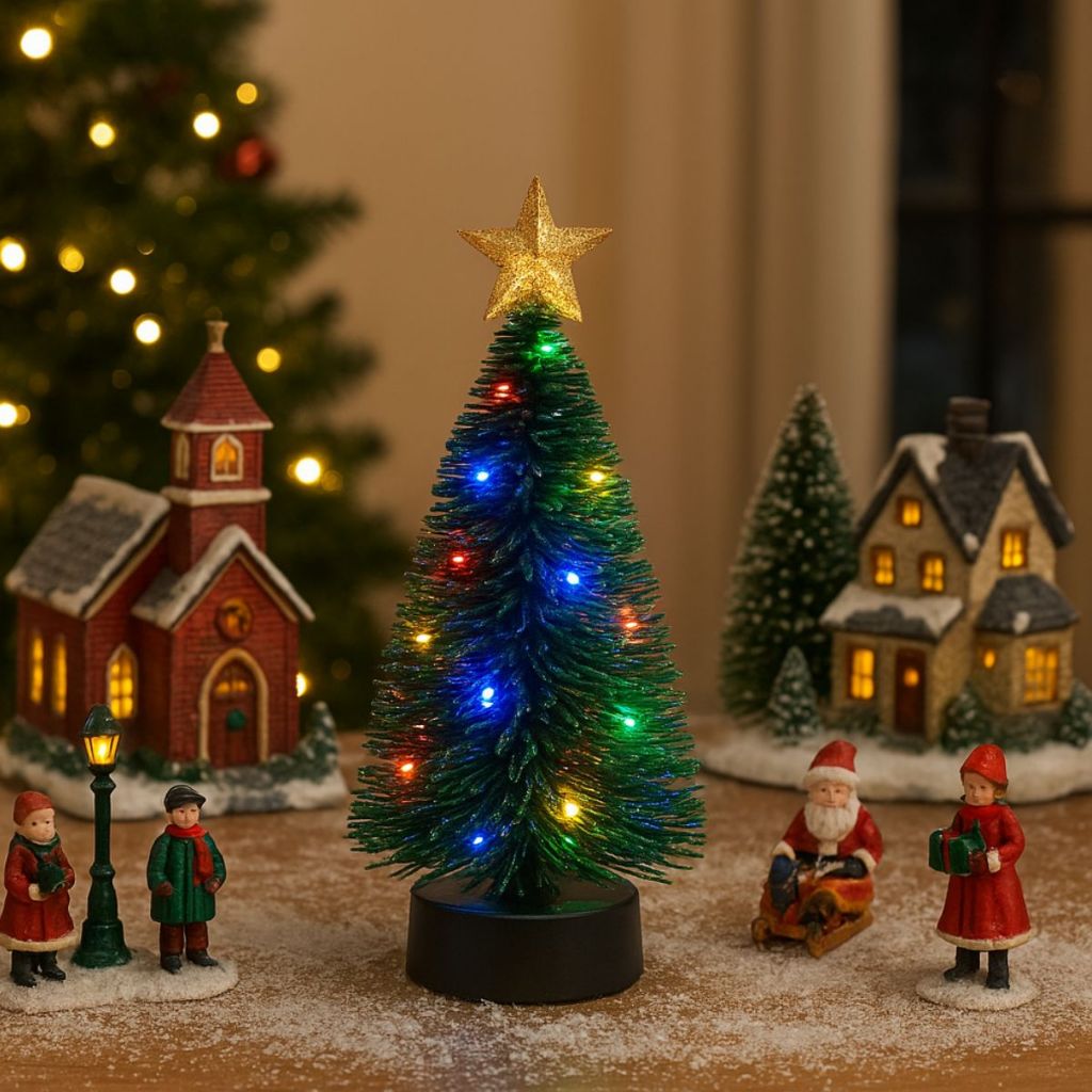 Mini Árvore de Natal  Charmosa e Compacta com Led – Decoração Mesa / Escritório / Sala , Vila de natal– Pronta para Uso em Oferta na Shopee