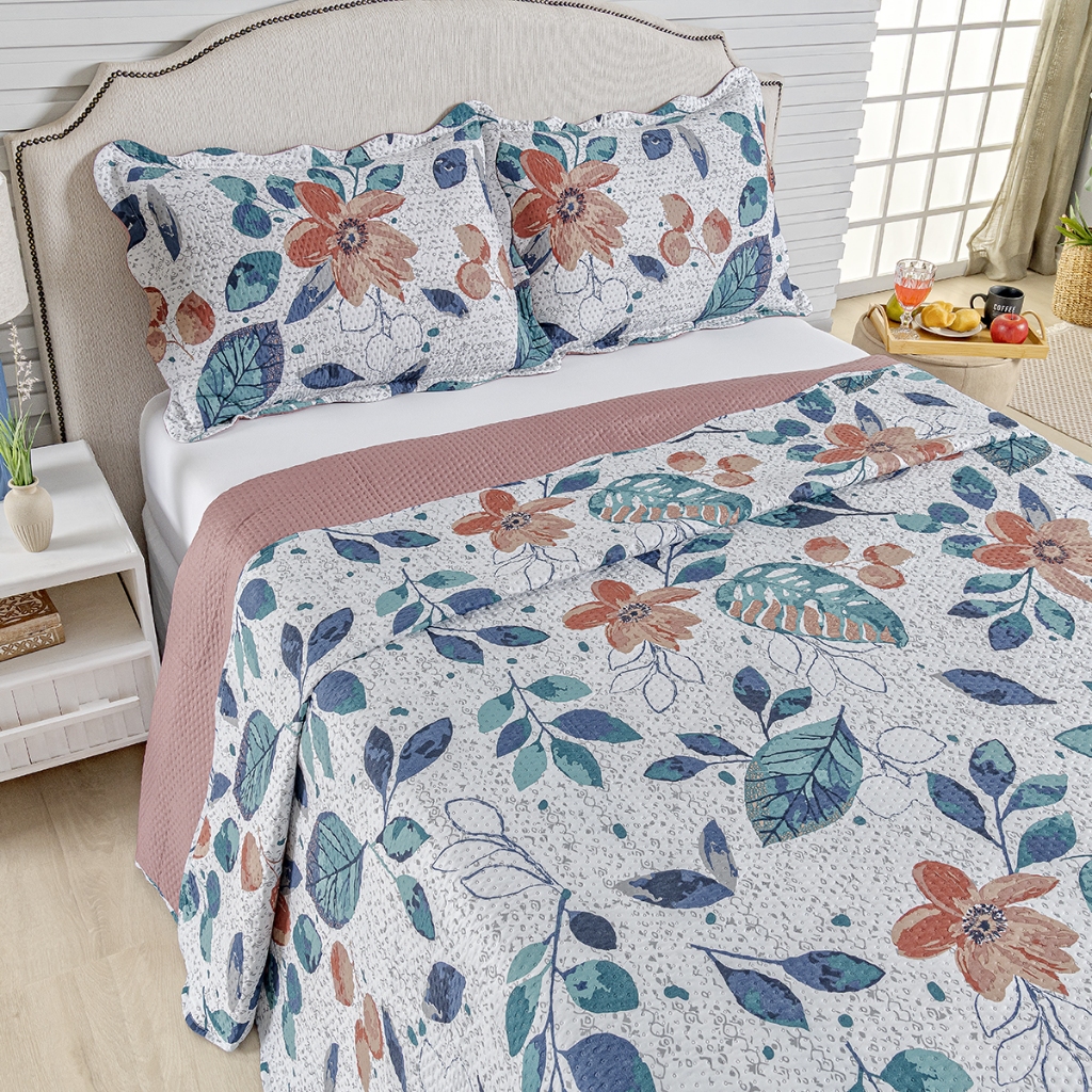 Kit Cobre Leito Colcha Queen Bouti 3 Peças Dupla Face Estampada Porta Travesseiro Aba Americana em Oferta na Shopee
