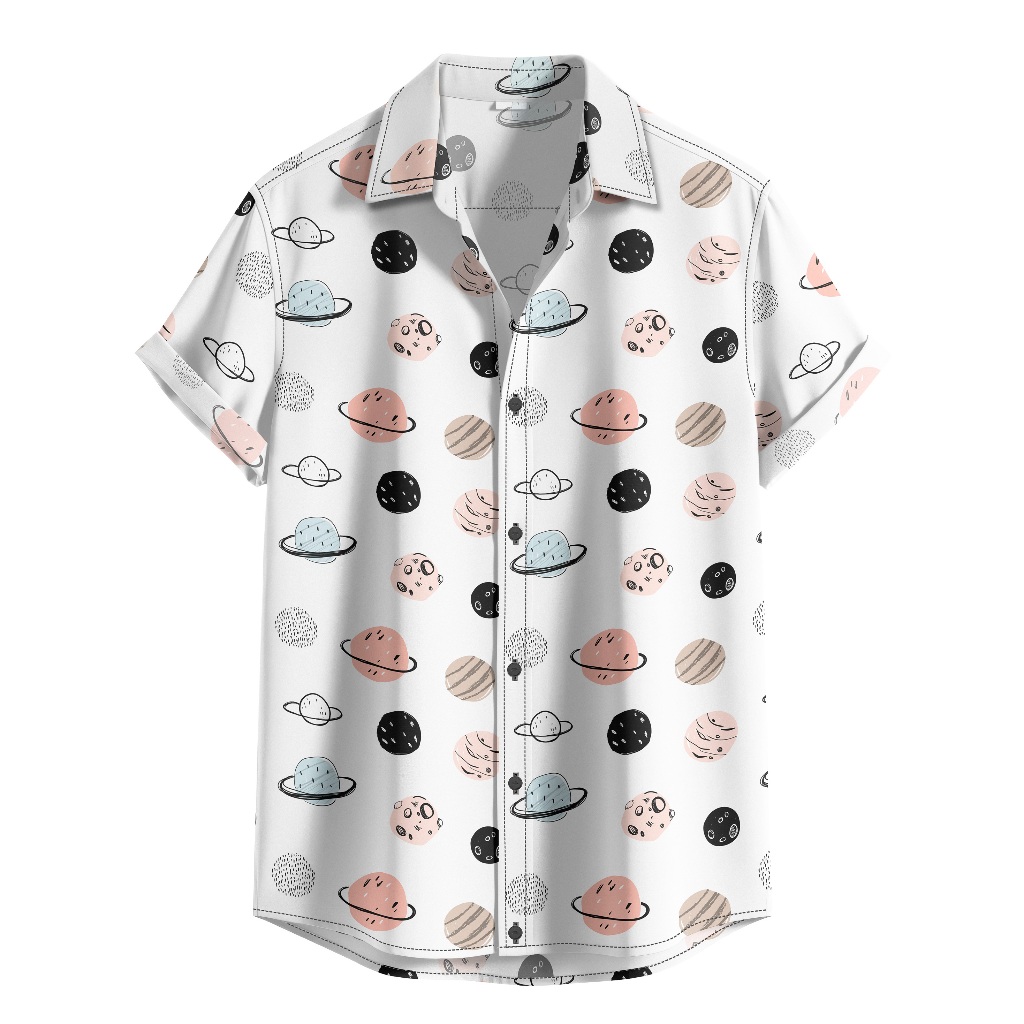 Camisa De Botão Moda Verão Estampa Espaço Planetas Universo Foguete Branca [Ref-530]