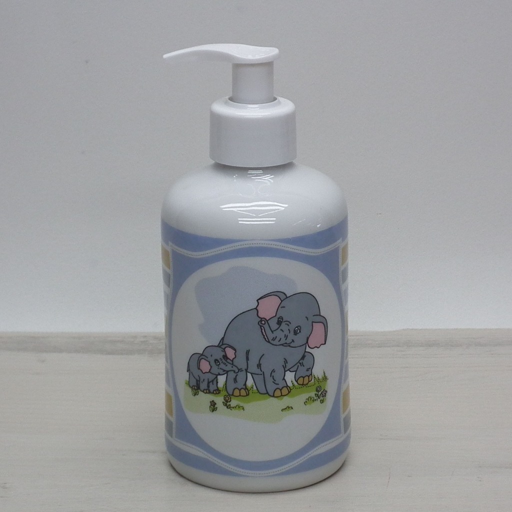 Porta Sabonete Líquido de Porcelana ou Porta Álcool Gel Elefante Azul para Kit Higiene Bebe ou Lavabo