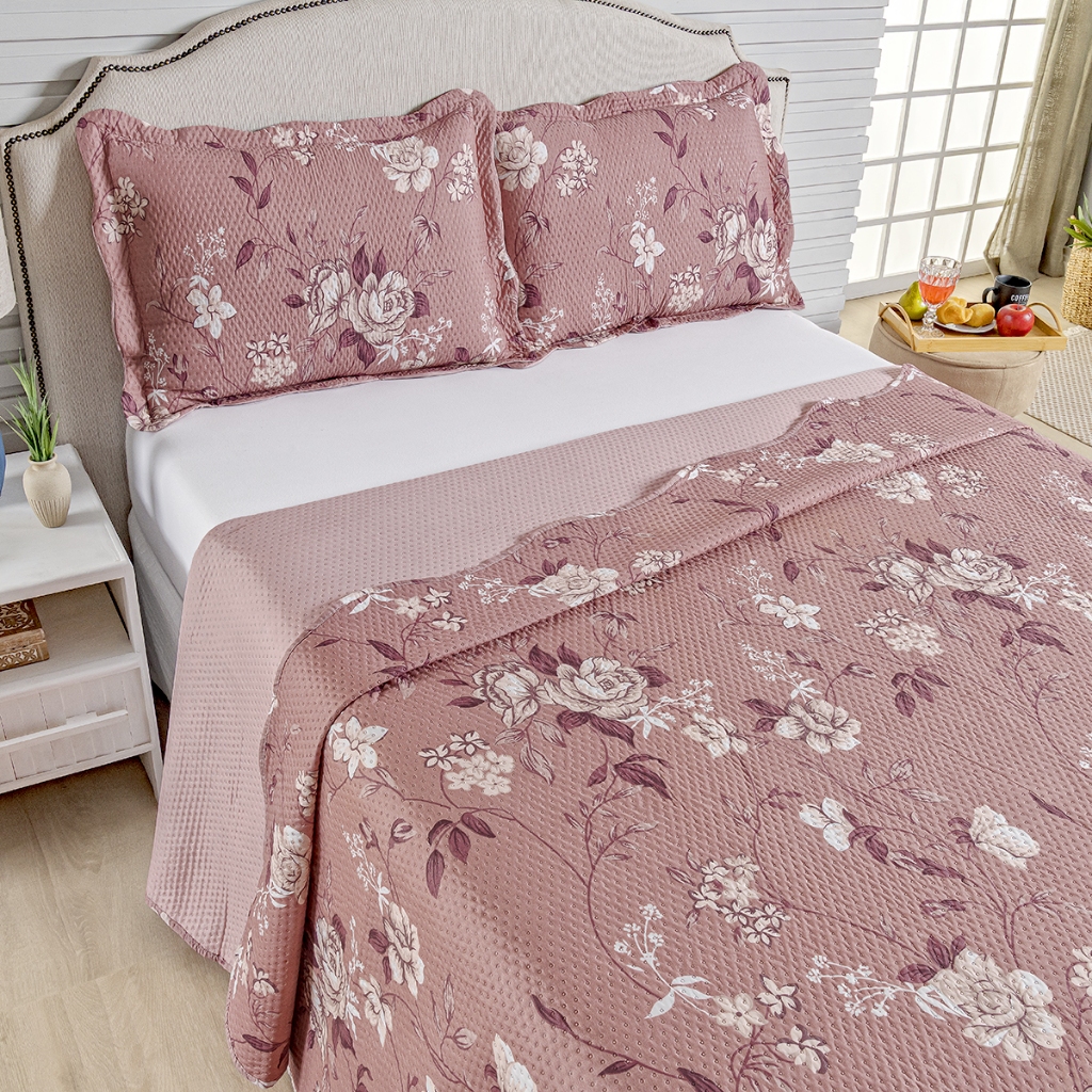 Kit Cobre Leito Colcha Casal Bouti 3 Peças Dupla Face Estampada Porta Travesseiro Aba Americana