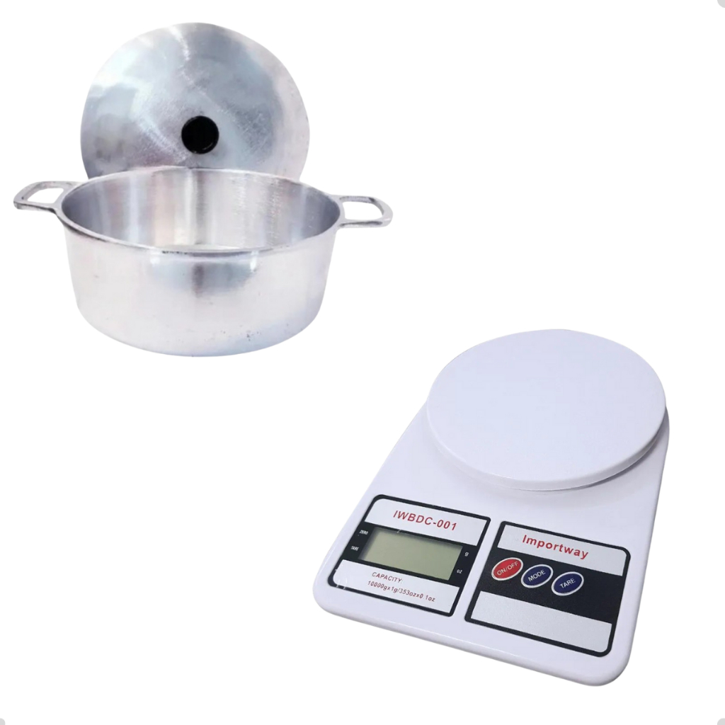 Kit Panela de Alumínio Batido Número 16 Tampa Grossa E Balança de Pesagem Ingredientes e Receitas