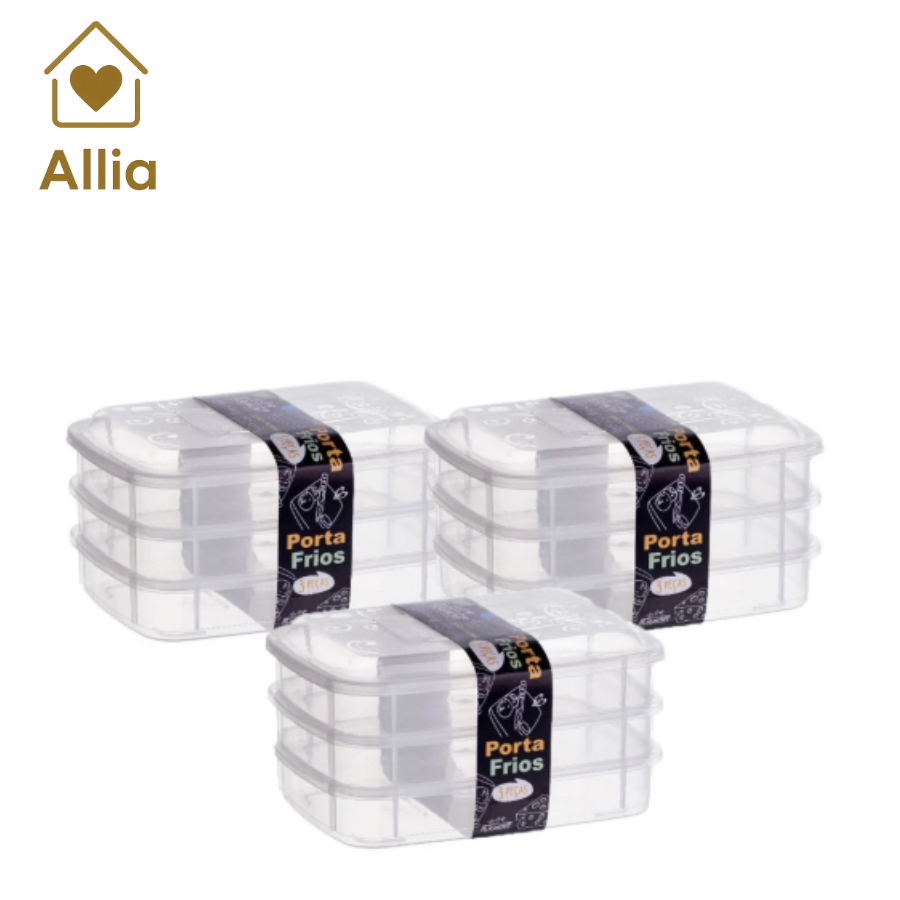 Kit Três Potes Porta Frios Transparente Triplo com Tampa Empilhável