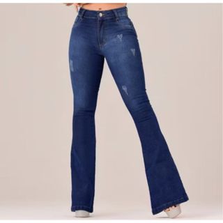 Calça Jeans Feminina Flare Cintura Alta Azul Escuro com Elastano em Oferta na Shopee