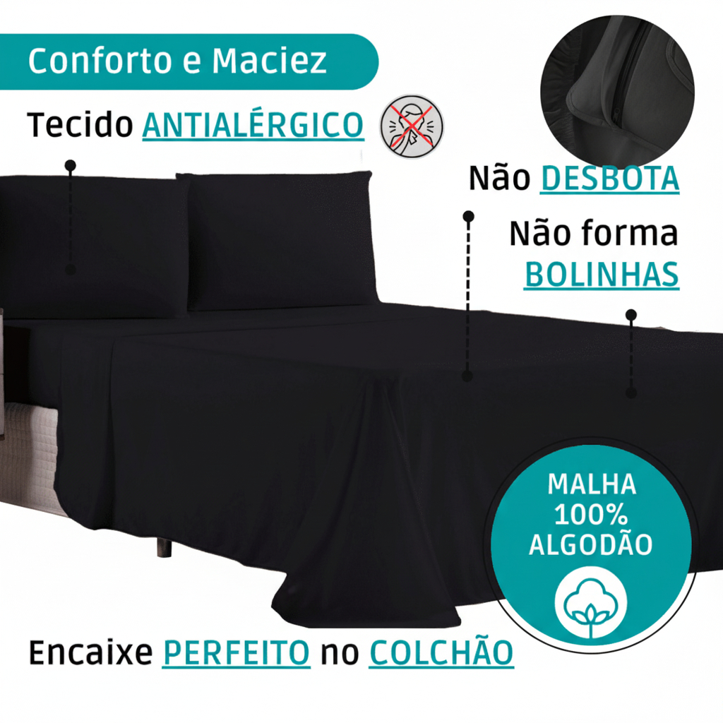 Jogo De Lençol Casal Queen Malha 100% Algodão Virol e Fronha Zíper 4 Peças – Promoção !