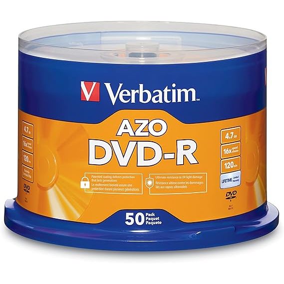 CD Disco gravável Verbatim de 4,7 GB até 16x DVD-R 100-Disc Spindle 95102, Prata, 50-Disc AZO