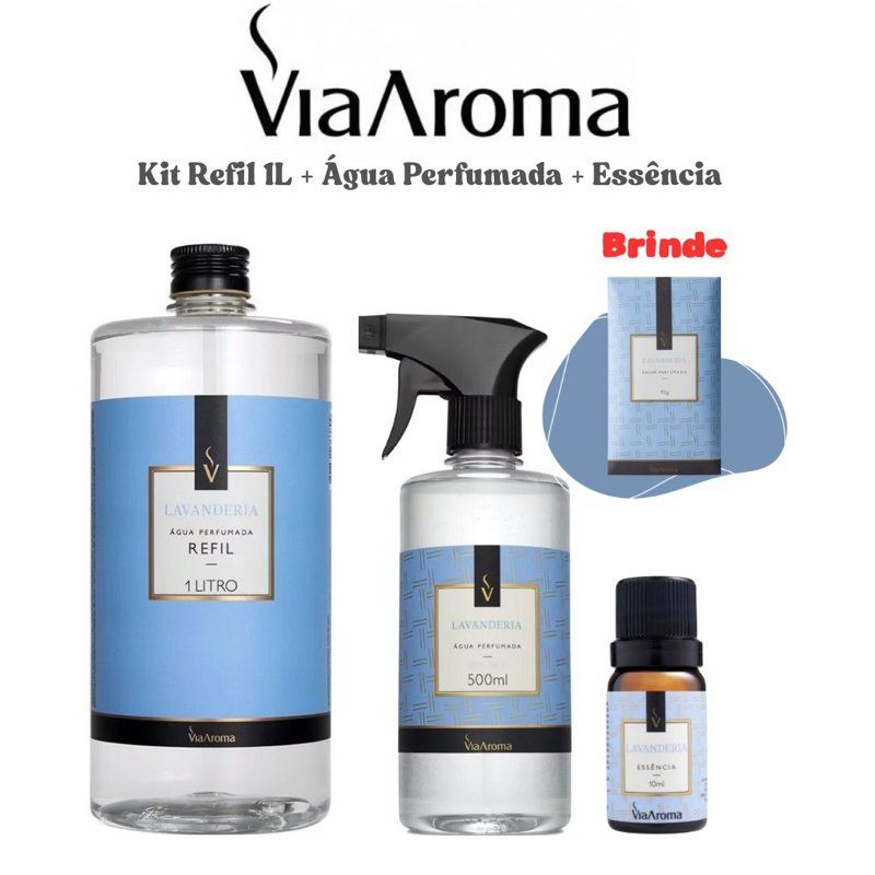 Kit Via Aroma Refil 1L + Água Perfumada 500ml + Essência Aromatizante