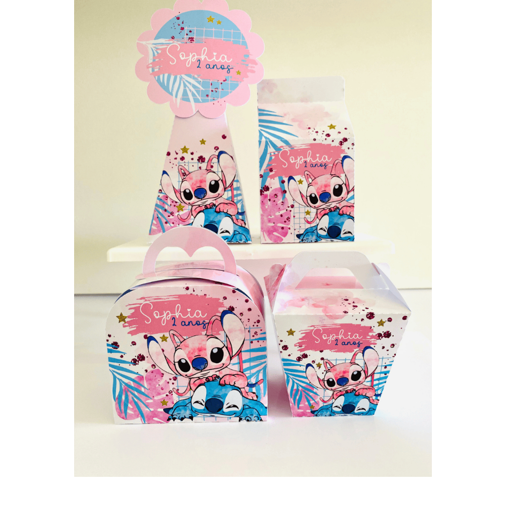 Caixinhas Personalizadas  Stitch e Angel , kit PEGUE E MONTE festa menina rosa,  lembrancinhas, personalizados.