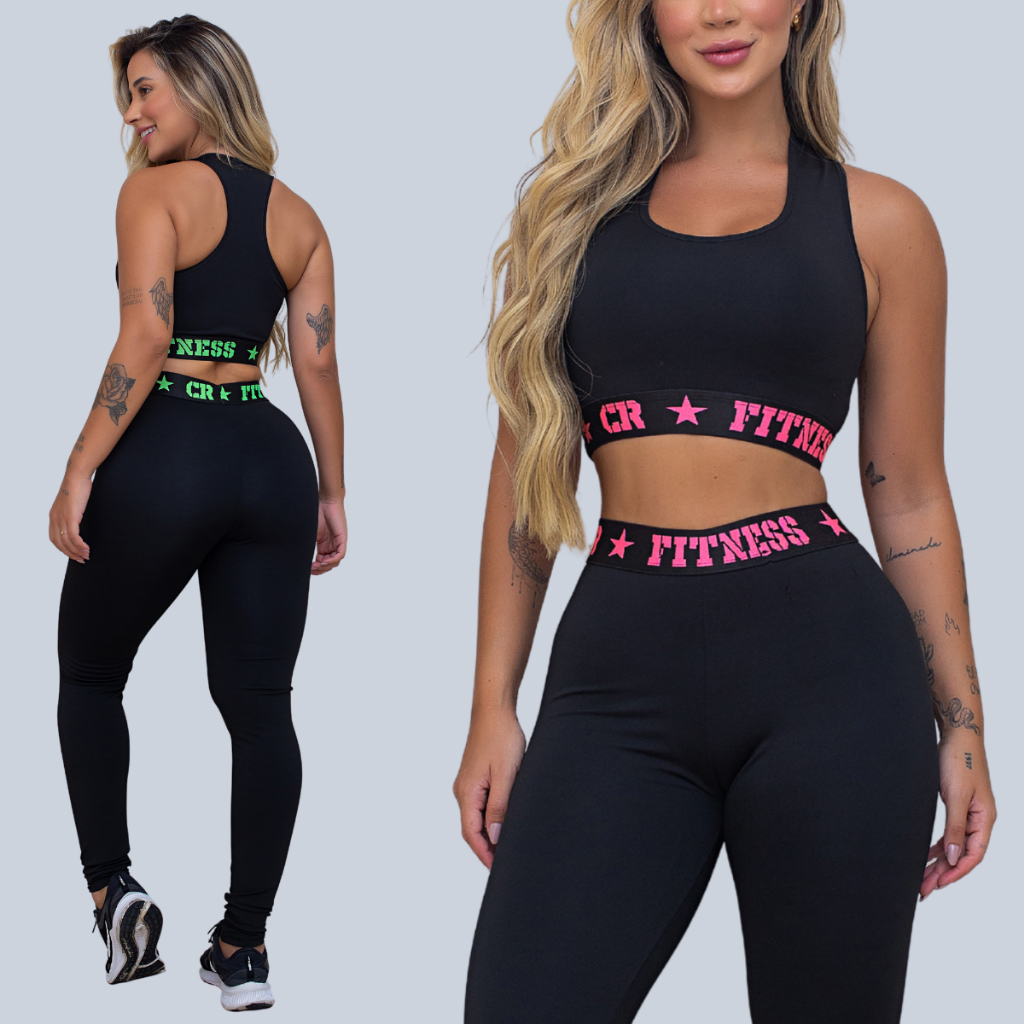 Kit 2 Conjuntos Academia 2 Tops e 2 Legging Elastico Exposto