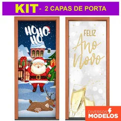 Kit 2 Capa de Porta Natal + Ano Novo Em Tecido Painel Veste Porta Decorativo Sublimado 0,80x2,10m