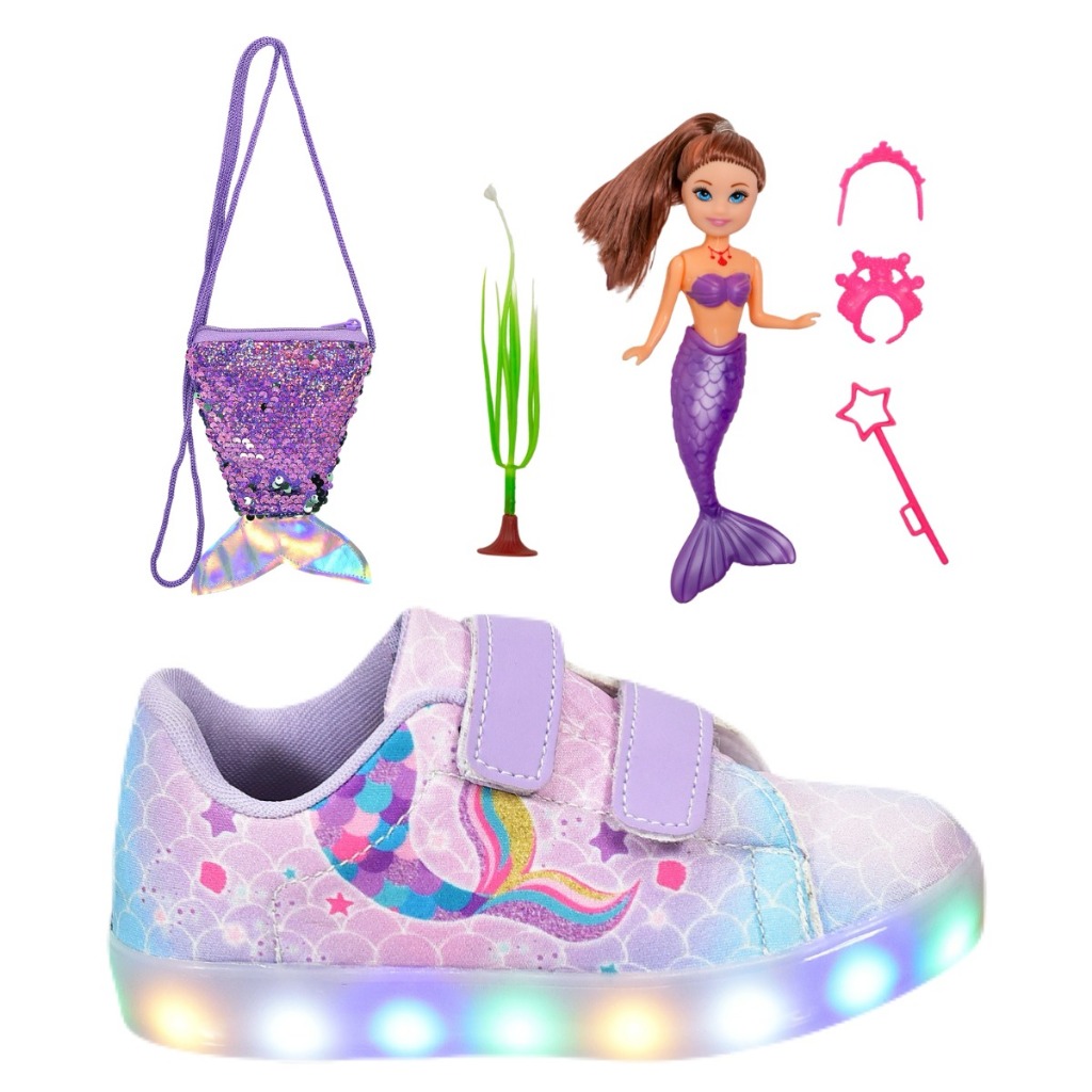 Tênis Infantil Feminino Led Sereia Casual Meninas + BONECA SEREIA + Bolsa Cauda