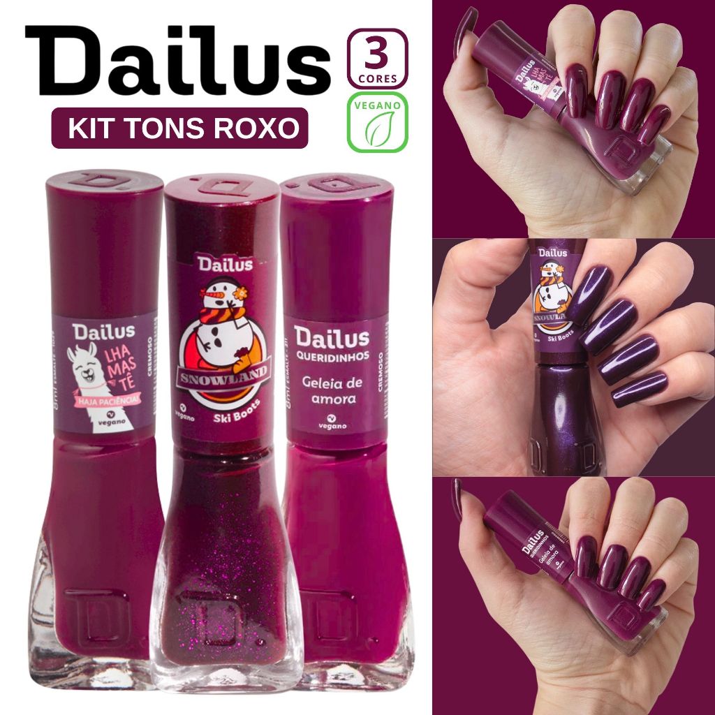 Kit 3 Esmaltes Dailus Tons de Roxo Gliter Cremoso Snowland Queridinhos em Oferta na Shopee