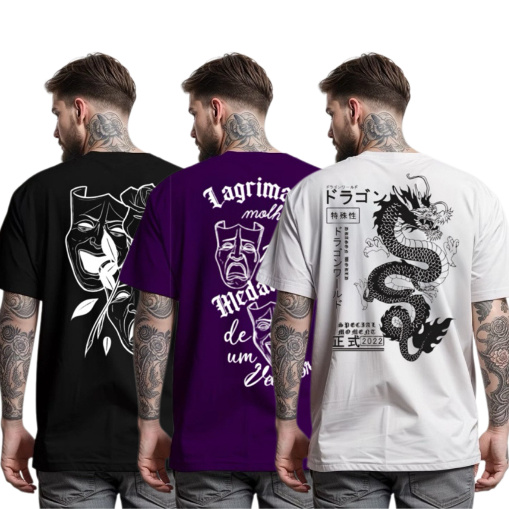 Kit 3 Camisetas Streetwear Estampada Algodão Fio 30.1 Oversized Masculina