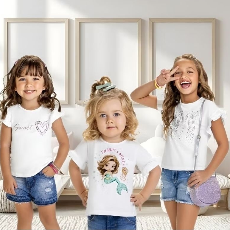 Blusa Infantil Feminino Menina Manga Curta em Meia Malha com Strass Kyly