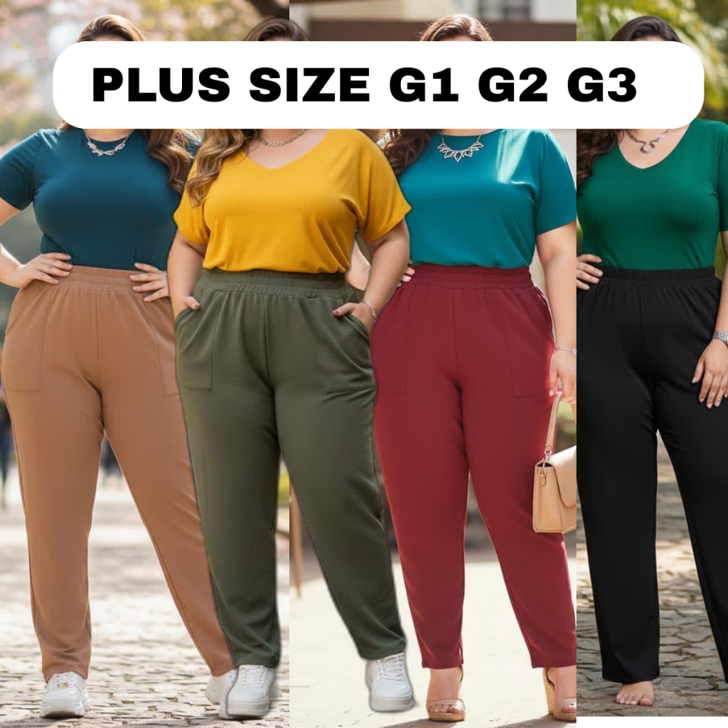 Calça Plus Size Feminina Moletinho Cintura Alta com Elástico Bolsos Laterais Confortável Moda 2026