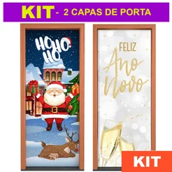 Kit 2 Capas de Porta Natal + Ano Novo Em Tecido Painel Veste Porta Decorativo Sublimado 0,80x2,10m