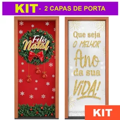 Kit 2 Capa de Porta Natal e Ano Novo Em Tecido Painel Decorativo Sublimado 0,85x2,10m