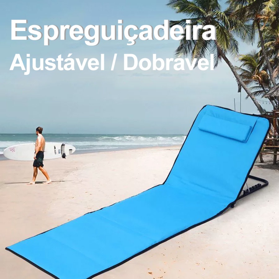 Cadeira Espreguiçadeira Ajustável Portátil Alumínio Dobravel Piscina Praia Azul para Camping Externo