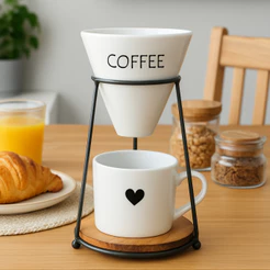 Kit Coador de Café Suporte Redondo Ferro Porcelana 250ml Mesa Posta Presente Natal
