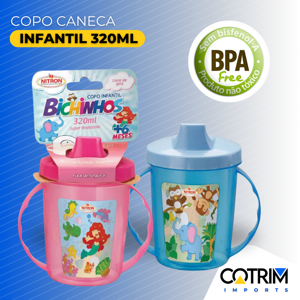 Copo Caneca Infantil com Alça e Tampa 320ml Bichinhos / Nitron em Oferta na Shopee