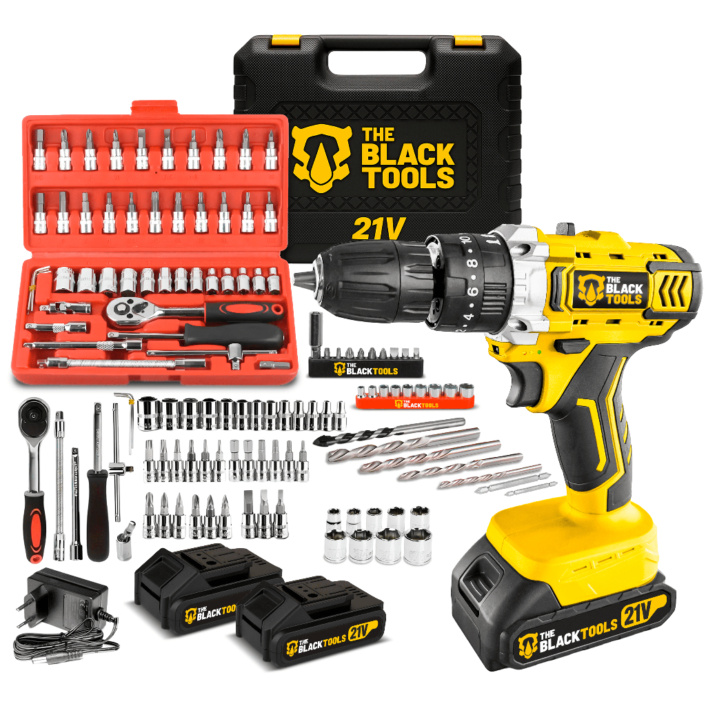Furadeira Parafusadeira Sem Fio 21v 10mm Maleta The Black Tools + Acessórios em Oferta na Shopee
