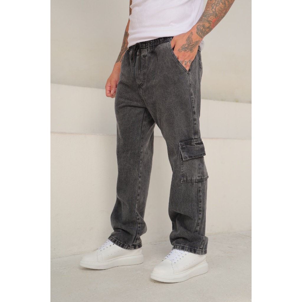 Calça Cargo Jeans Larga Unissex - 6 bolsos, Cinza Estonado moda street skate