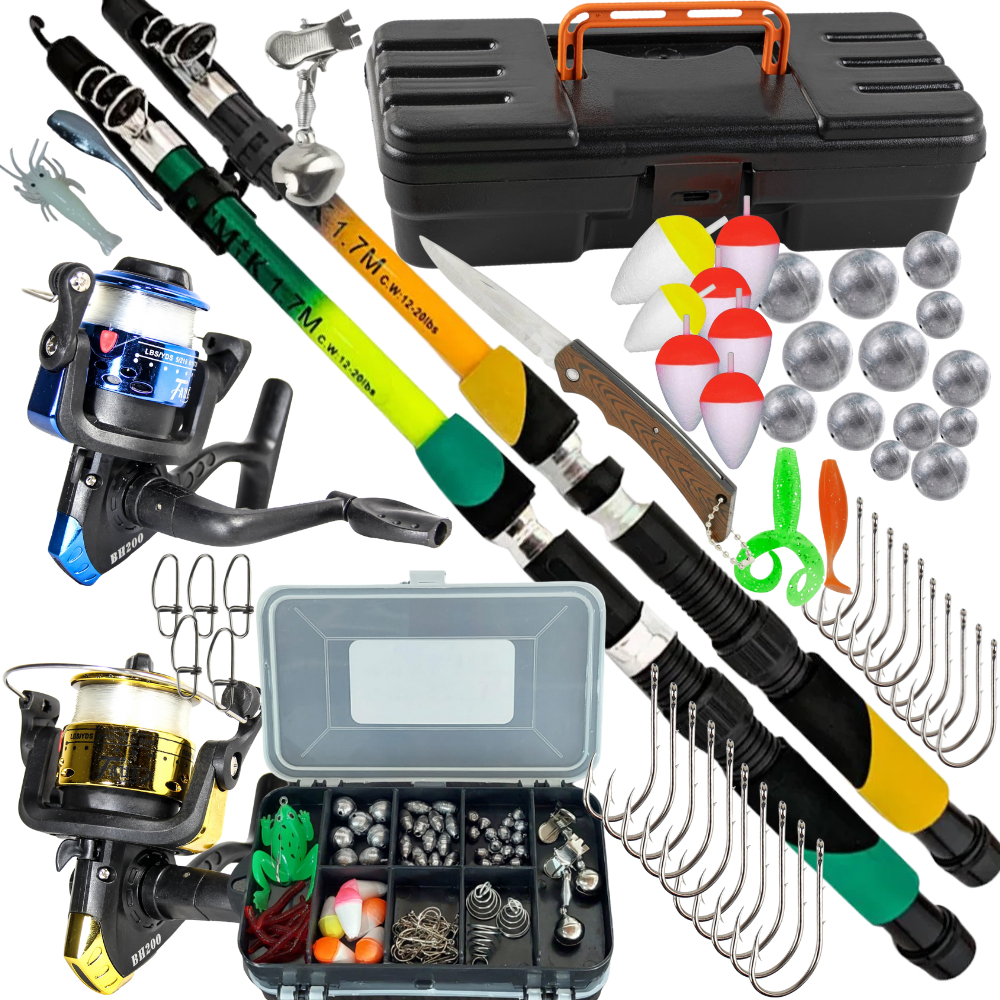 Kit Pesca 2 Varas 1,70m + Molinetes + Caixa com Anzóis, Boias e Chumbos em Oferta na Shopee