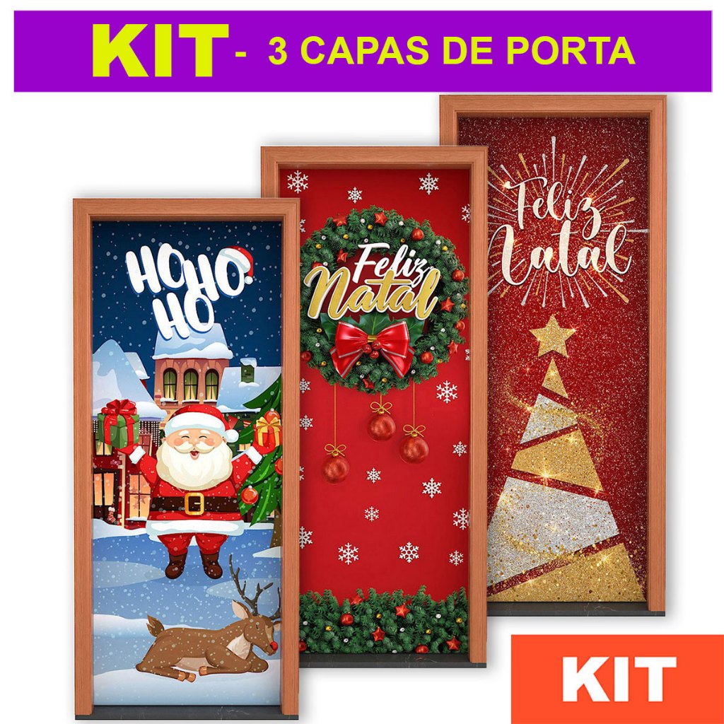 Kit 3 Capa Para Porta Decoração de Natal Em Tecido 0,85x2,10m Sublimado Com Elástico Kit 3 Capa Para Porta Decoração de Natal Em Tecido 0,85x2,10m Sublimado Com Elástico