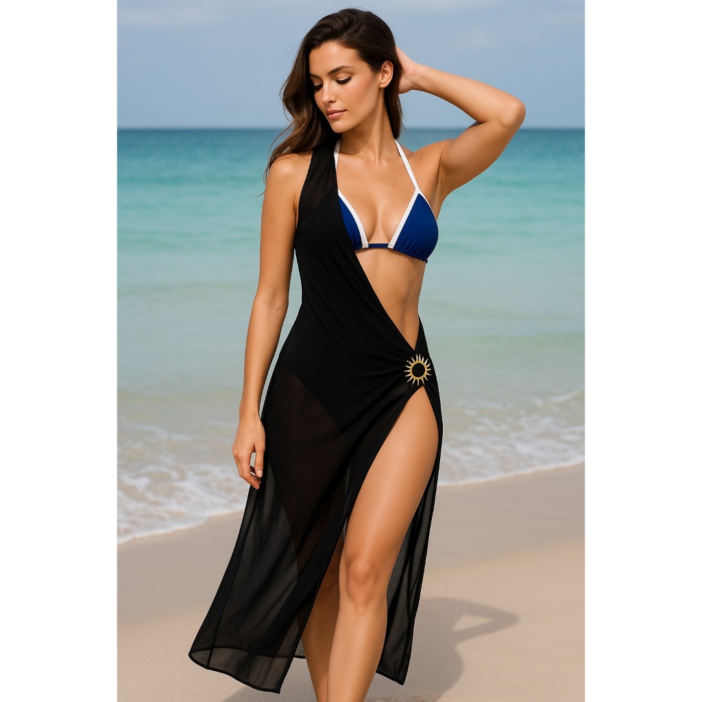 Saída de Praia Vestido Longo Detalhe Sol com Fenda Praiano