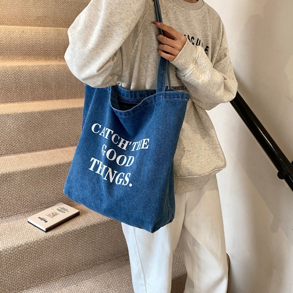 Bolsa Tote Retrô Em Denim Lavado Com Estampa De Letras Grande Capacidade Para Feminina X231 LING