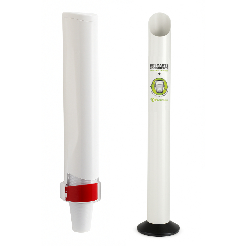 Dispensador de Copos Descartáveis 180ml Fita Dupla Face Branco Kit lixeira e Dispenser Copo plástico 200mL